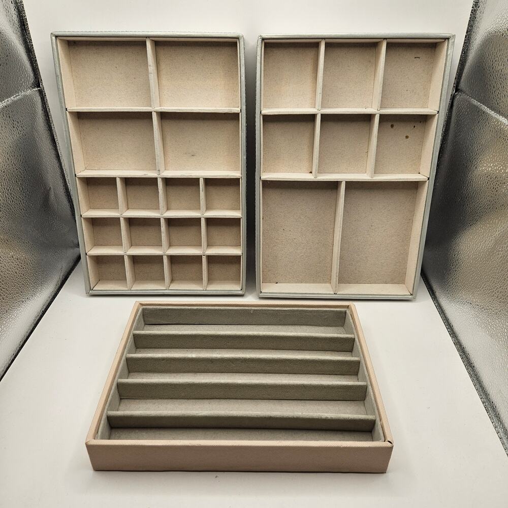 LOT OF 3 JEWELRY DISPLAY TRAYS RING EARRING PENDANT ORGANIZER VELVET FAUX LEATHR